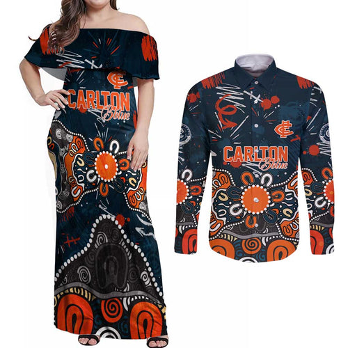 Personalized Carlton Blues Couples Matching Off Shoulder Maxi Dress and Long Sleeve Button Shirt Aboriginal Dot Painting Graffiti Style