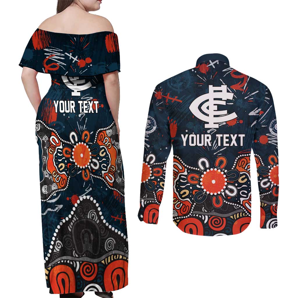 Personalized Carlton Blues Couples Matching Off Shoulder Maxi Dress and Long Sleeve Button Shirt Aboriginal Dot Painting Graffiti Style