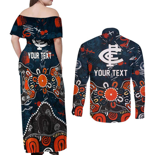 Personalized Carlton Blues Couples Matching Off Shoulder Maxi Dress and Long Sleeve Button Shirt Aboriginal Dot Painting Graffiti Style