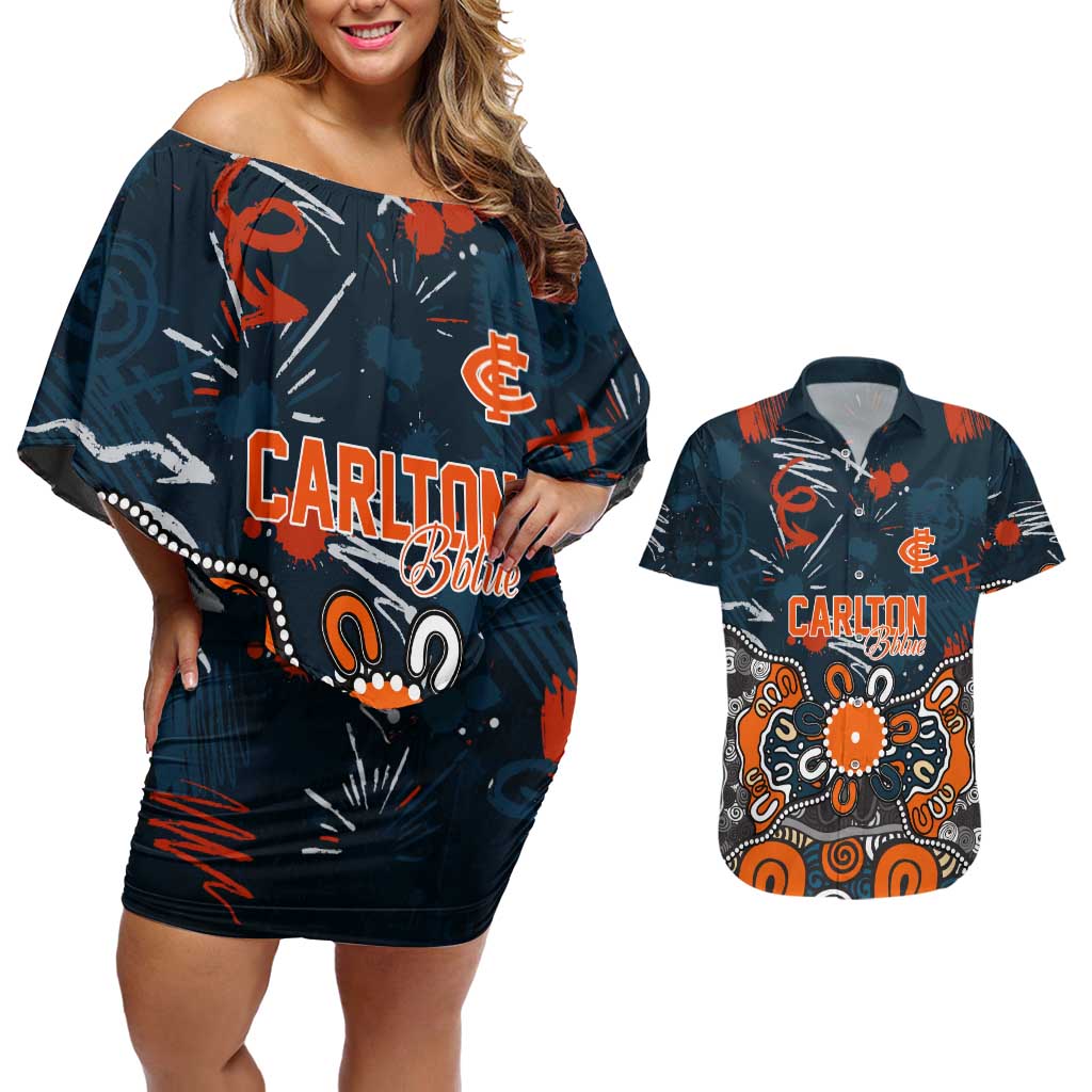 Personalized Carlton Blues Couples Matching Off Shoulder Short Dress and Hawaiian Shirt Aboriginal Dot Painting Graffiti Style