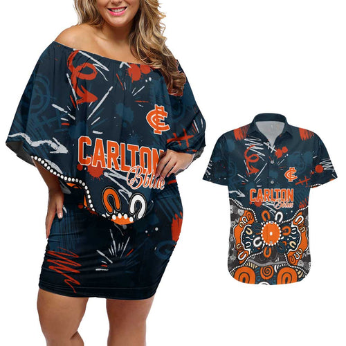 Personalized Carlton Blues Couples Matching Off Shoulder Short Dress and Hawaiian Shirt Aboriginal Dot Painting Graffiti Style