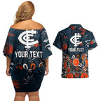 Personalized Carlton Blues Couples Matching Off Shoulder Short Dress and Hawaiian Shirt Aboriginal Dot Painting Graffiti Style