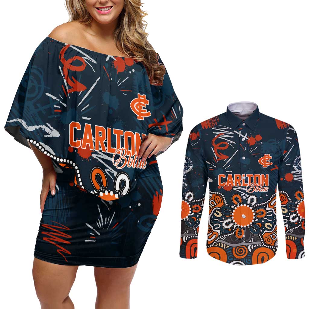Personalized Carlton Blues Couples Matching Off Shoulder Short Dress and Long Sleeve Button Shirt Aboriginal Dot Painting Graffiti Style