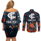 Personalized Carlton Blues Couples Matching Off Shoulder Short Dress and Long Sleeve Button Shirt Aboriginal Dot Painting Graffiti Style