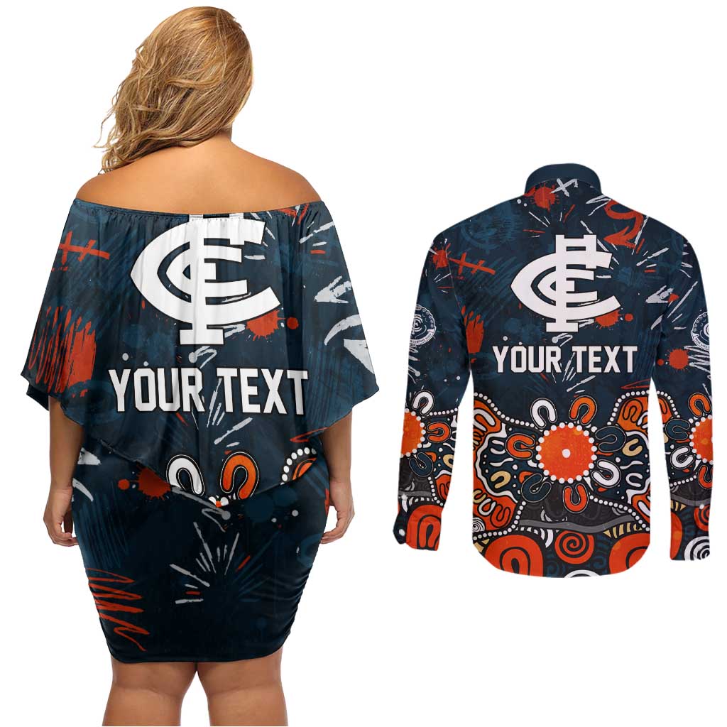 Personalized Carlton Blues Couples Matching Off Shoulder Short Dress and Long Sleeve Button Shirt Aboriginal Dot Painting Graffiti Style