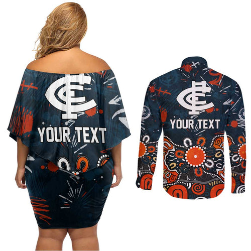 Personalized Carlton Blues Couples Matching Off Shoulder Short Dress and Long Sleeve Button Shirt Aboriginal Dot Painting Graffiti Style