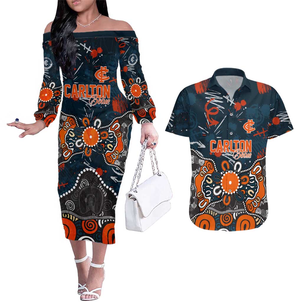 Personalized Carlton Blues Couples Matching Off The Shoulder Long Sleeve Dress and Hawaiian Shirt Aboriginal Dot Painting Graffiti Style