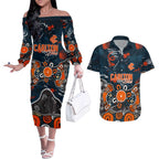 Personalized Carlton Blues Couples Matching Off The Shoulder Long Sleeve Dress and Hawaiian Shirt Aboriginal Dot Painting Graffiti Style