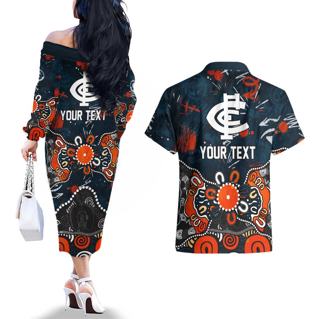 Personalized Carlton Blues Couples Matching Off The Shoulder Long Sleeve Dress and Hawaiian Shirt Aboriginal Dot Painting Graffiti Style