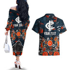 Personalized Carlton Blues Couples Matching Off The Shoulder Long Sleeve Dress and Hawaiian Shirt Aboriginal Dot Painting Graffiti Style