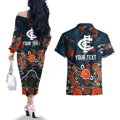 Personalized Carlton Blues Couples Matching Off The Shoulder Long Sleeve Dress and Hawaiian Shirt Aboriginal Dot Painting Graffiti Style