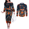 Personalized Carlton Blues Couples Matching Off The Shoulder Long Sleeve Dress and Long Sleeve Button Shirt Aboriginal Dot Painting Graffiti Style