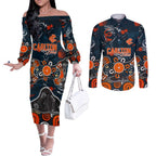 Personalized Carlton Blues Couples Matching Off The Shoulder Long Sleeve Dress and Long Sleeve Button Shirt Aboriginal Dot Painting Graffiti Style