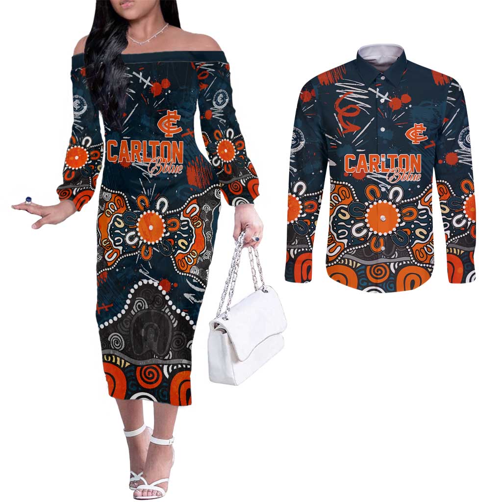 Personalized Carlton Blues Couples Matching Off The Shoulder Long Sleeve Dress and Long Sleeve Button Shirt Aboriginal Dot Painting Graffiti Style