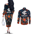 Personalized Carlton Blues Couples Matching Off The Shoulder Long Sleeve Dress and Long Sleeve Button Shirt Aboriginal Dot Painting Graffiti Style