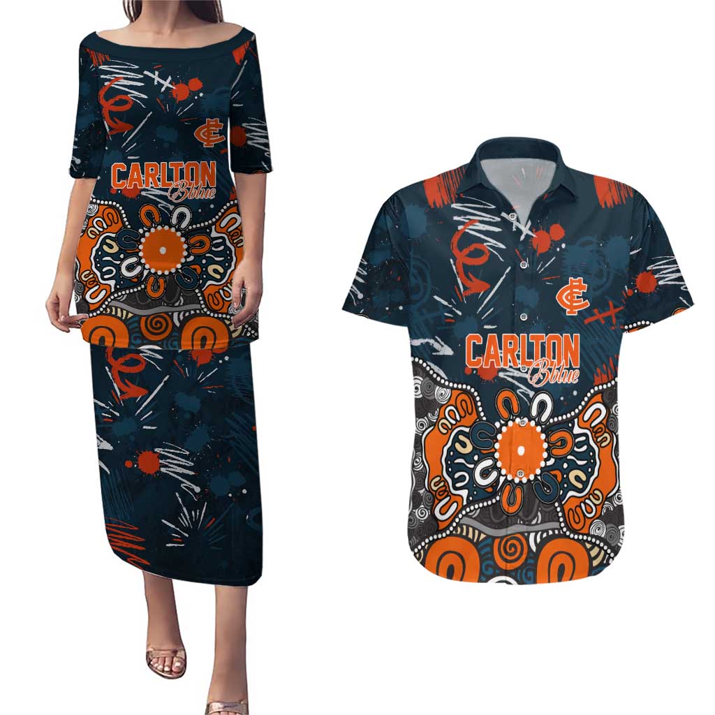 Personalized Carlton Blues Couples Matching Puletasi and Hawaiian Shirt Aboriginal Dot Painting Graffiti Style