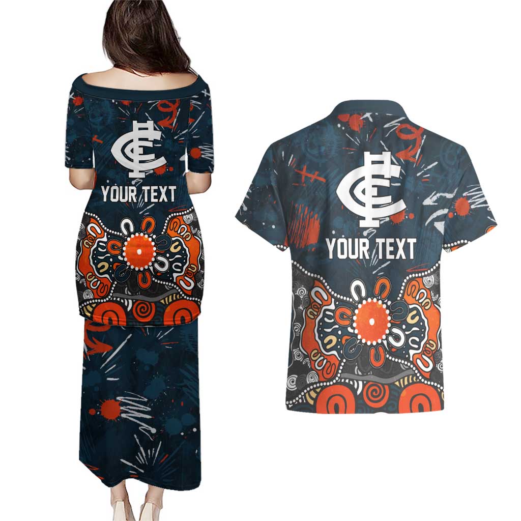 Personalized Carlton Blues Couples Matching Puletasi and Hawaiian Shirt Aboriginal Dot Painting Graffiti Style