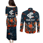 Personalized Carlton Blues Couples Matching Puletasi and Long Sleeve Button Shirt Aboriginal Dot Painting Graffiti Style