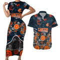 Personalized Carlton Blues Couples Matching Short Sleeve Bodycon Dress and Hawaiian Shirt Aboriginal Dot Painting Graffiti Style