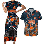Personalized Carlton Blues Couples Matching Short Sleeve Bodycon Dress and Hawaiian Shirt Aboriginal Dot Painting Graffiti Style