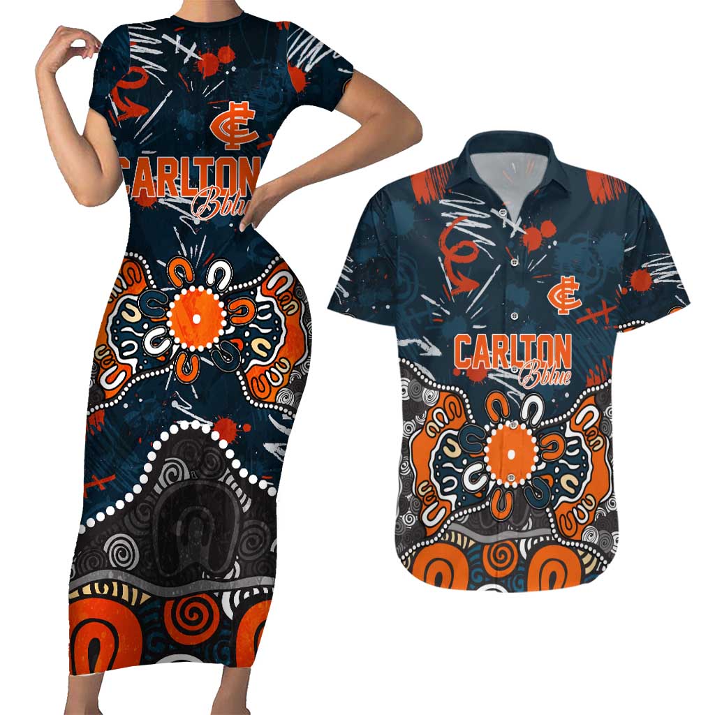 Personalized Carlton Blues Couples Matching Short Sleeve Bodycon Dress and Hawaiian Shirt Aboriginal Dot Painting Graffiti Style