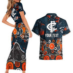 Personalized Carlton Blues Couples Matching Short Sleeve Bodycon Dress and Hawaiian Shirt Aboriginal Dot Painting Graffiti Style
