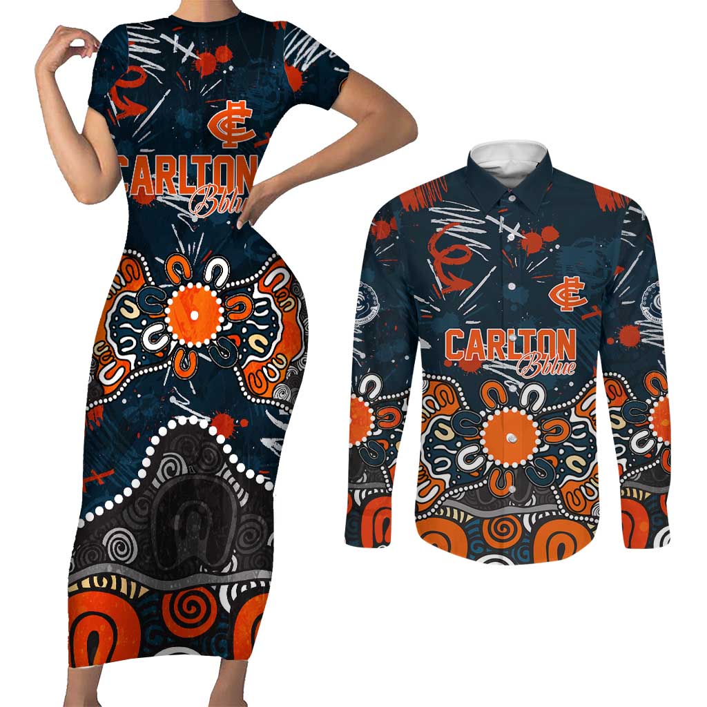 Personalized Carlton Blues Couples Matching Short Sleeve Bodycon Dress and Long Sleeve Button Shirt Aboriginal Dot Painting Graffiti Style