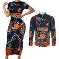 Personalized Carlton Blues Couples Matching Short Sleeve Bodycon Dress and Long Sleeve Button Shirt Aboriginal Dot Painting Graffiti Style