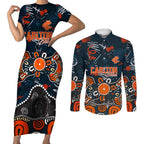 Personalized Carlton Blues Couples Matching Short Sleeve Bodycon Dress and Long Sleeve Button Shirt Aboriginal Dot Painting Graffiti Style