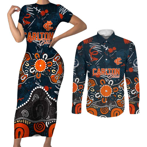 Personalized Carlton Blues Couples Matching Short Sleeve Bodycon Dress and Long Sleeve Button Shirt Aboriginal Dot Painting Graffiti Style