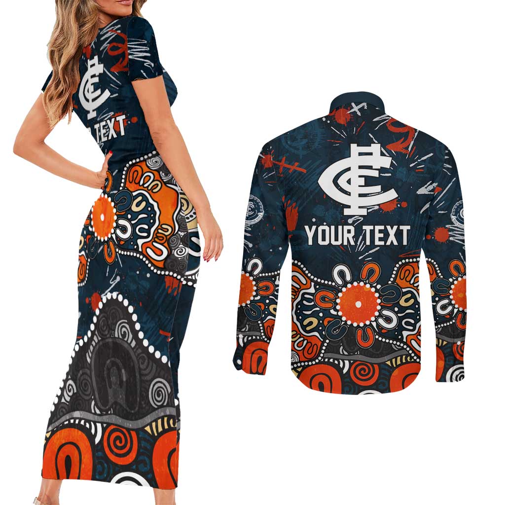 Personalized Carlton Blues Couples Matching Short Sleeve Bodycon Dress and Long Sleeve Button Shirt Aboriginal Dot Painting Graffiti Style