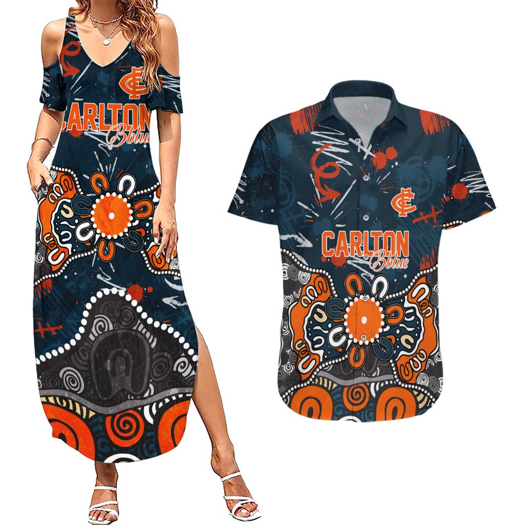 Personalized Carlton Blues Couples Matching Summer Maxi Dress and Hawaiian Shirt Aboriginal Dot Painting Graffiti Style