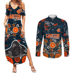 Personalized Carlton Blues Couples Matching Summer Maxi Dress and Long Sleeve Button Shirt Aboriginal Dot Painting Graffiti Style