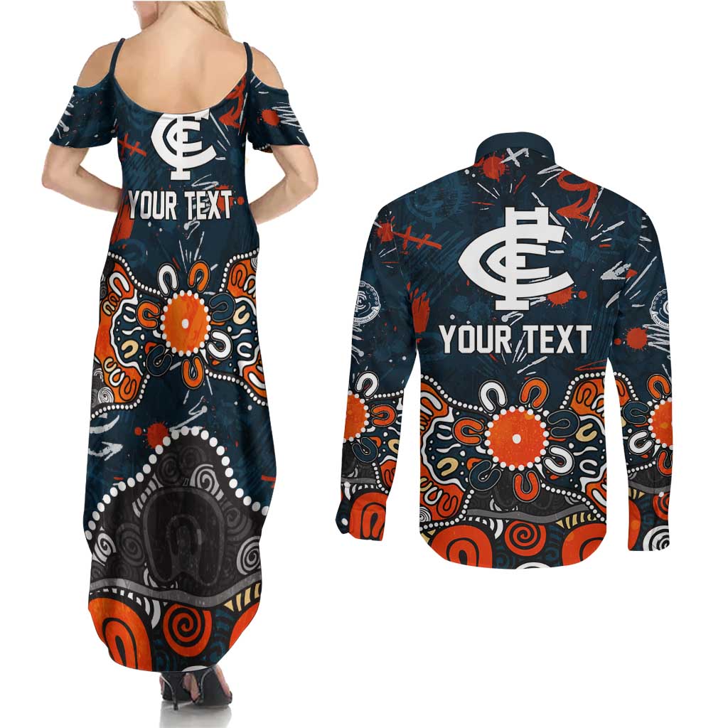 Personalized Carlton Blues Couples Matching Summer Maxi Dress and Long Sleeve Button Shirt Aboriginal Dot Painting Graffiti Style