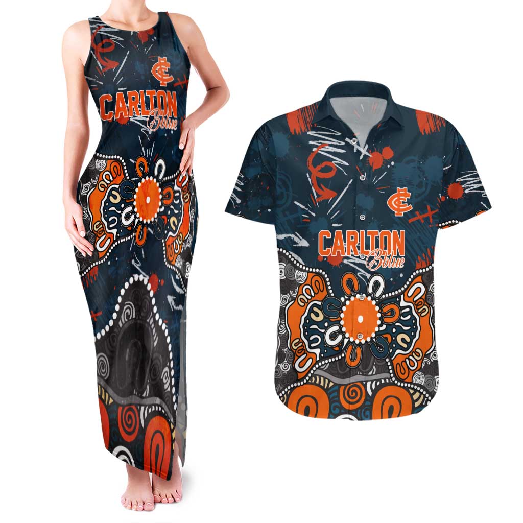 Personalized Carlton Blues Couples Matching Tank Maxi Dress and Hawaiian Shirt Aboriginal Dot Painting Graffiti Style
