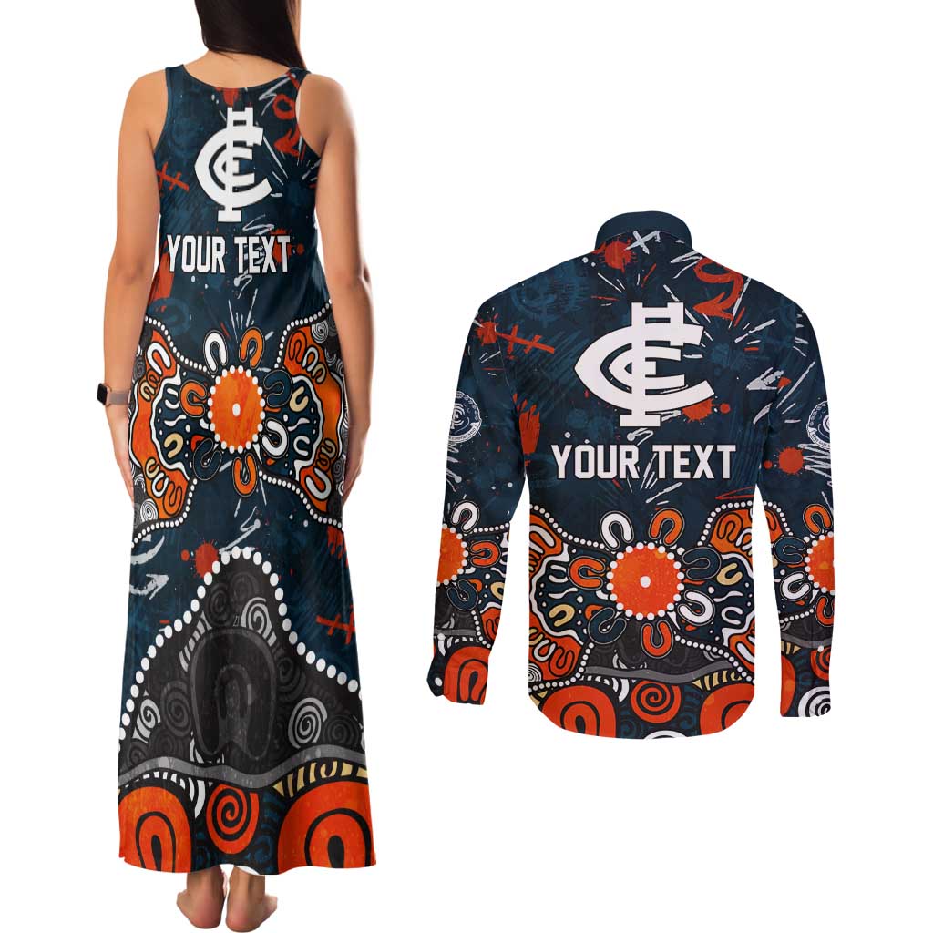 Personalized Carlton Blues Couples Matching Tank Maxi Dress and Long Sleeve Button Shirt Aboriginal Dot Painting Graffiti Style