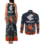 Personalized Carlton Blues Couples Matching Tank Maxi Dress and Long Sleeve Button Shirt Aboriginal Dot Painting Graffiti Style