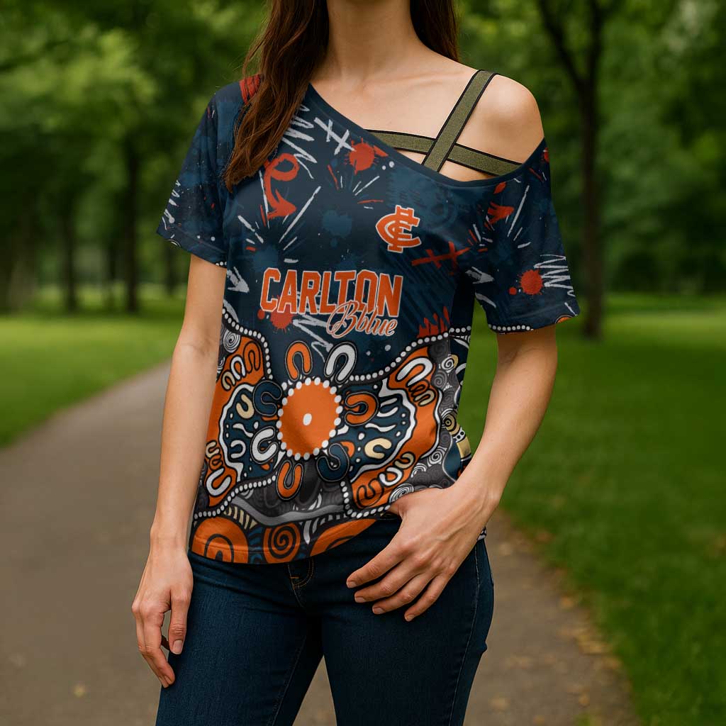 Personalized Carlton Blues Cross Shoulder Shirt Aboriginal Dot Painting Graffiti Style