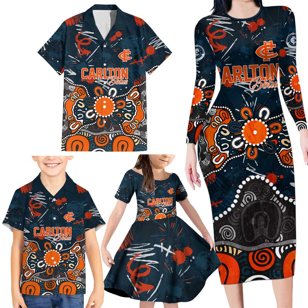 Personalized Carlton Blues Family Matching Long Sleeve Bodycon Dress and Hawaiian Shirt Aboriginal Dot Painting Graffiti Style