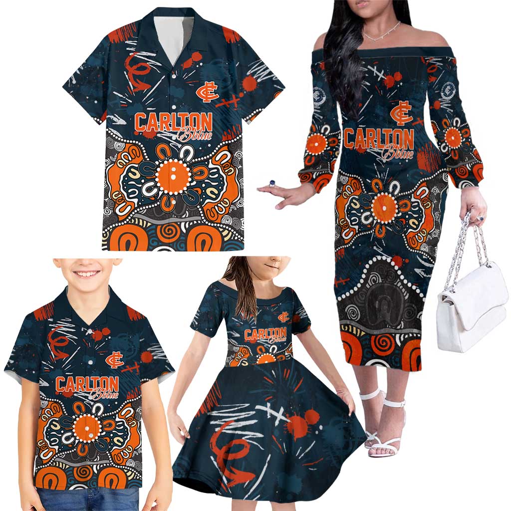 Personalized Carlton Blues Family Matching Off The Shoulder Long Sleeve Dress and Hawaiian Shirt Aboriginal Dot Painting Graffiti Style