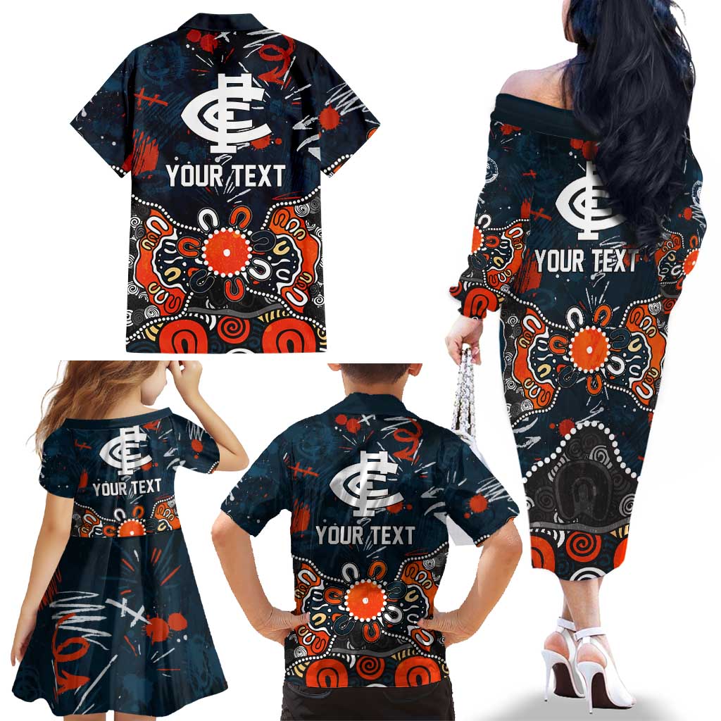 Personalized Carlton Blues Family Matching Off The Shoulder Long Sleeve Dress and Hawaiian Shirt Aboriginal Dot Painting Graffiti Style