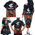 Personalized Carlton Blues Family Matching Off The Shoulder Long Sleeve Dress and Hawaiian Shirt Aboriginal Dot Painting Graffiti Style