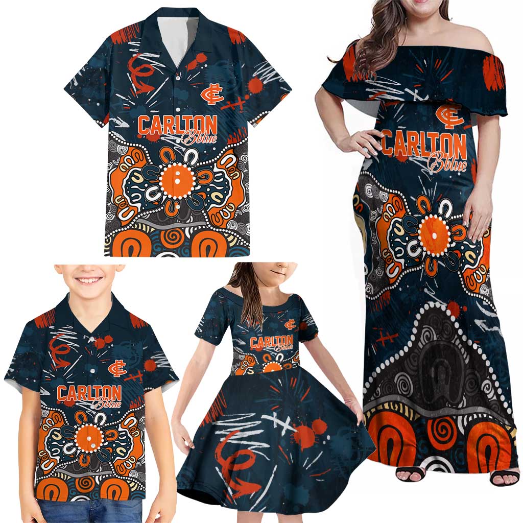 Personalized Carlton Blues Family Matching Off Shoulder Maxi Dress and Hawaiian Shirt Aboriginal Dot Painting Graffiti Style