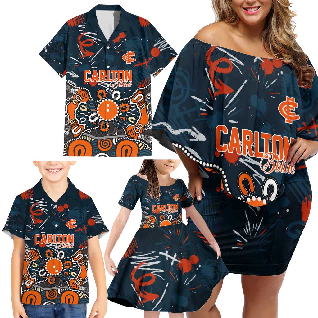 Personalized Carlton Blues Family Matching Off Shoulder Short Dress and Hawaiian Shirt Aboriginal Dot Painting Graffiti Style