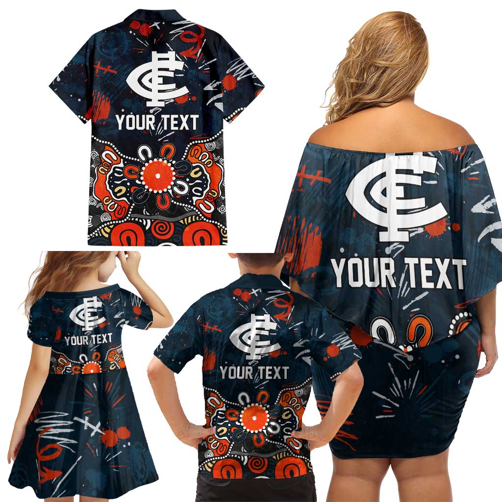 Personalized Carlton Blues Family Matching Off Shoulder Short Dress and Hawaiian Shirt Aboriginal Dot Painting Graffiti Style