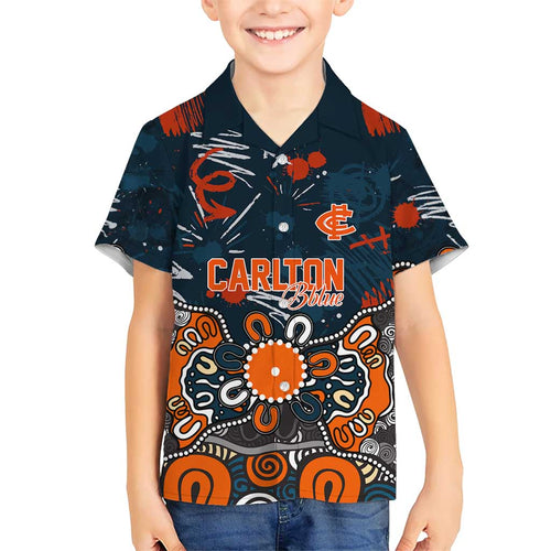 Personalized Carlton Blues Family Matching Off Shoulder Short Dress and Hawaiian Shirt Aboriginal Dot Painting Graffiti Style