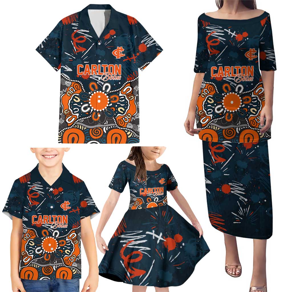 Personalized Carlton Blues Family Matching Puletasi and Hawaiian Shirt Aboriginal Dot Painting Graffiti Style