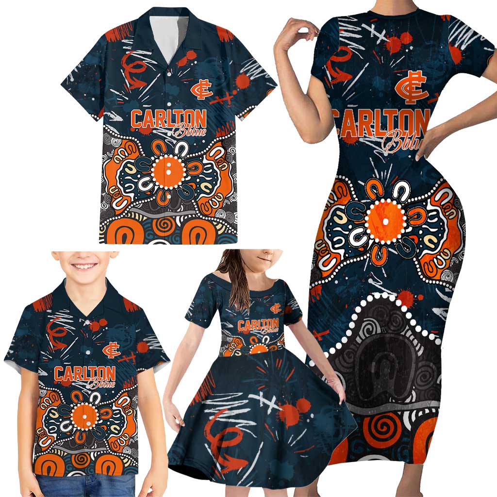 Personalized Carlton Blues Family Matching Short Sleeve Bodycon Dress and Hawaiian Shirt Aboriginal Dot Painting Graffiti Style