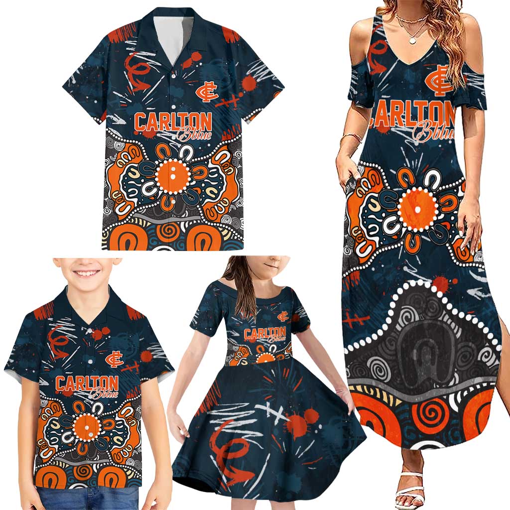 Personalized Carlton Blues Family Matching Summer Maxi Dress and Hawaiian Shirt Aboriginal Dot Painting Graffiti Style