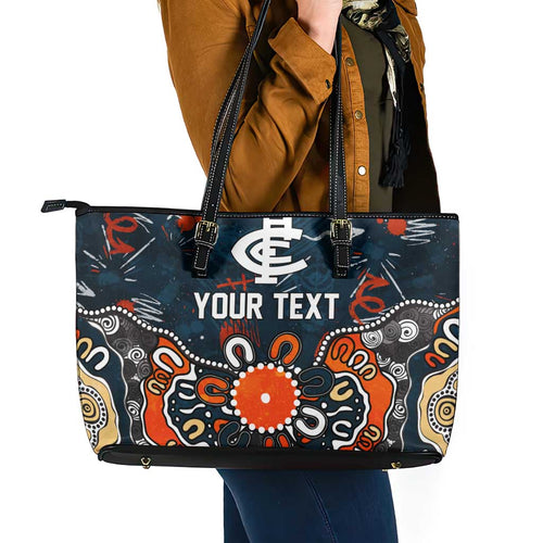 Personalized Carlton Blues Leather Tote Bag Aboriginal Dot Painting Graffiti Style